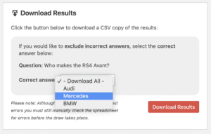 a box with a dropdown selection to choose the correct answer and a red button to Download results.